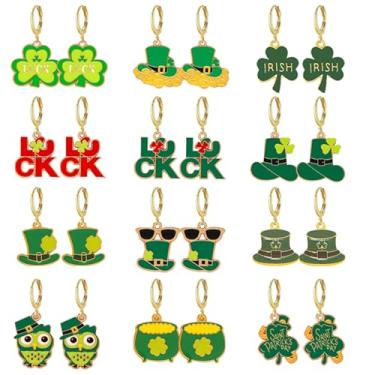 Imagem de QLUYCKW Conjunto de 12 pares de brincos de argola de Dia de São Patrício para mulheres, trevo irlandês, verde delicado, chapéu de trevo de quatro folhas, brincos de argola para festas irlandesas
