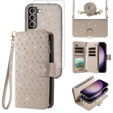 Imagem de Capa carteira compatível com Samsung Galaxy S23 5G com zíper para celular e protetor de tela, alça transversal, flip com glitter, porta-cartões, capa para celular para S 23 23S GS23 G5 SM-S911U 6,1