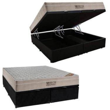 Imagem de Cama Box Baú King Suede Bipartido + Colchão Ortobom Airtech Molas Ensa