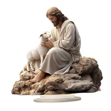 Imagem de BLWOTMOR Placa decorativa de mesa com Jesus e o Cordeiro, peça central para casa, item colecionável, placa de acrílico plana 2D para sala de estar, quarto ou