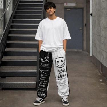 Imagem de Calça Masculina Grafite Moda de Rua Bicolor Estilosa Cor:Preto e Branc