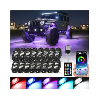 Imagem de 16 cápsulas RGB LED Rock Lights para caminhões Jeep Golf Cart, 12 V à prova d'água neon luz brilhante com controle remoto por voz APP/RF, várias zonas, luzes embaixo da carroceria para carro, SUV,