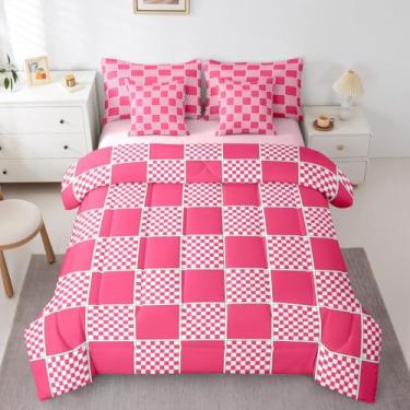 Imagem de Erosebridal Conjunto de edredom completo rosa choque com 7 peças, xadrez buffalo, guingão, em um saco, grades geométricas para crianças, meninas, adolescentes, mulheres, conjunto de cama geométrica