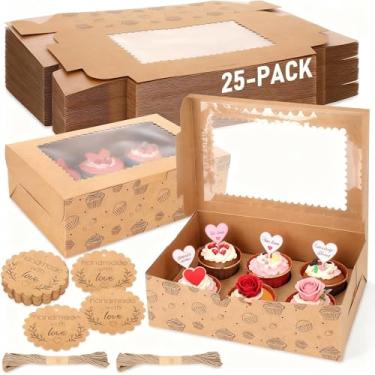 Imagem de Chivertion Pacote com 25 caixas de cupcake marrom com bandejas de inserção, etiquetas e barbante, 6 xícaras de caixas de padaria Kraft de grau alimentício com janela transparente 26,7 cm x 17,8 cm x