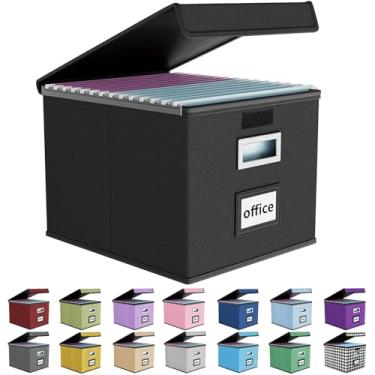 Imagem de Huolewa Caixa organizadora de arquivos com tampa, organizador de pasta de arquivos dobrável para armazenamento de documentos de escritório, caixa de arquivamento com slide de plástico para pastas de