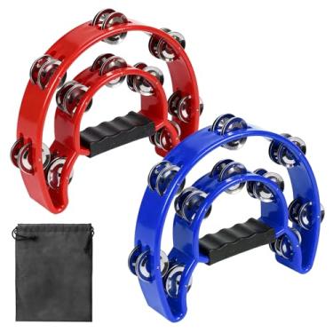 Imagem de 3 pandeiros de fileira dupla, pandeiro de meia lua com jingles metálicos, percussão manual com bolsa preta para adultos/crianças, KTV, festa (vermelho, azul)
