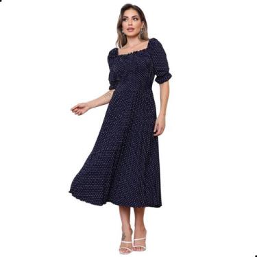 Imagem de Vestido Festa Midi Plissado Laço Manga Bufante Elegante - G-Store, Azu