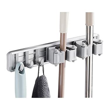 Imagem de Suporte para Mop Vassoura Organizador Montado na Parede com Ganchos Alumínio Instalação por Perfuração Econômico de Espaço Grande Capacidade Carga Coz