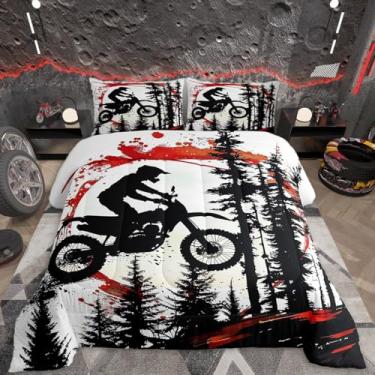 Imagem de Feelyou Conjunto de edredom de motocross para todas as estações, elementos vermelhos e respingos, com 1 fronha, microfibra suja, roupa de cama de solteiro, decoração de quarto de motocicleta, cenário
