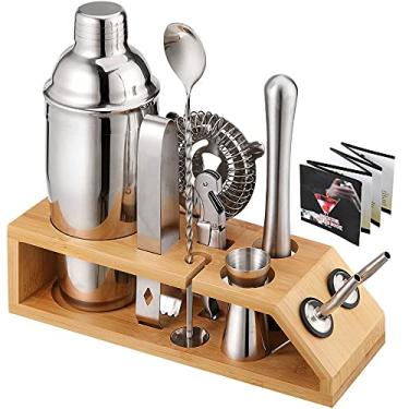Imagem de 10pcs Conjunto de Preparo Coquetéis Ferramentas Batedor e Misturador Aço Inoxidável com Suporte Bambu para Bebidas Presente Bartender Profissional