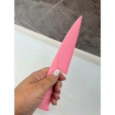Imagem de Faca Para Cortar Bolos Pão Legumes 24cm de Plástico - PRA VC, ROSA