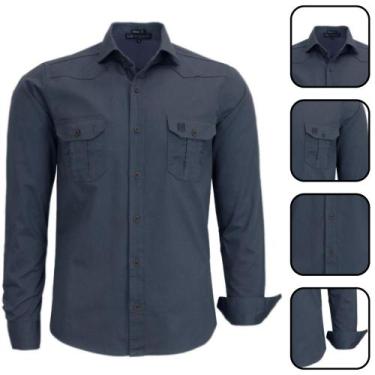 Imagem de Camisa Masculina Amil Estilo Militar Manga Longa Slim Fit, Chumbo, G