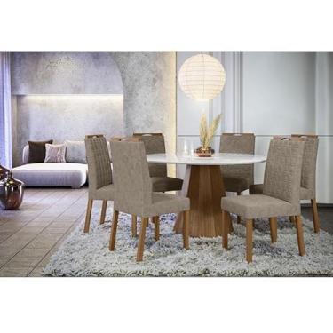 Imagem de Mesa de jantar Ambiente Isis 135x135 cm com Vidro Ype Off White e 6 Cadeiras Mariana Camurça Marrom - New Ceval