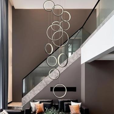 Imagem de Luminária pendente moderna de LED em formato de anel para escada, com controle remoto, em alumínio, com altura ajustável, ideal para sala de estar, quarto, sala de jantar e cozinha (preta, 1