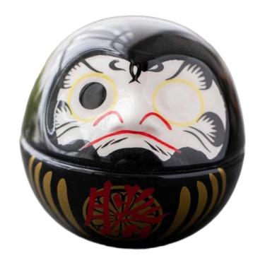 Imagem de Baoblaze Pequena boneca Daruma de cerâmica japonesa, escultura de arte colecionável em miniatura, estatueta Dharma para escritório, casa de campo, inauguração, Preto