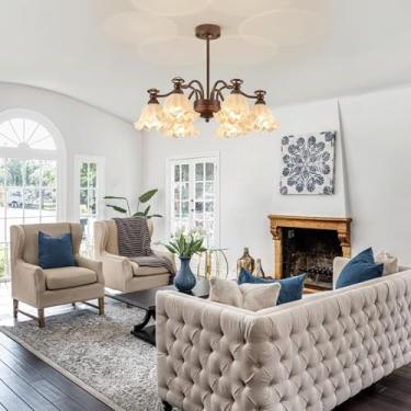 Imagem de Lustre vintage de vidro com 8 luzes em bronze envelhecido, estilo fazenda. Grande lustre Sputnik de vidro leitoso para sala de jantar. Luminária pendente francesa industrial para ilha de coz