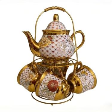 Imagem de Conjunto 13 Peças para Chá e Café - Bule com Suporte + Xícaras e Pires, Design Elegante para Uso Doméstico e Recebimentos (Bule(580ml) Pequeno Aleatório)