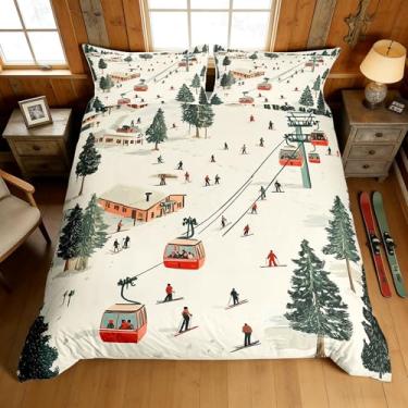 Imagem de Castle Fairy Capa de edredom de esqui tamanho casal 3 peças, desenho animado de bondinho, pinheiros verdes, conjuntos de cama para crianças, adolescentes e adultos, capa de edredom de esqui de