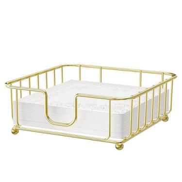 Imagem de Porta-guardanapos para mesa, porta-guardanapos para guardanapos de papel, dispensador de guardanapo dourado de metal plano GMFINE para bancadas de cozinha e mesa de jantar, 17,5 cm x 17,5 cm x 5,5 cm