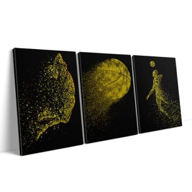 Imagem de Luxey Aura 3 peças de arte de parede de basquete dourado pôsteres de basquete, decoração de parede, silhueta de partícula de basquete, decoração de sala de esportes para meninos adolescentes, sala de