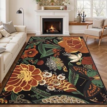 Imagem de Tyrot Tapete vintage preto boho floral botânico borboleta sala de estar 1,5 x 2,1 m