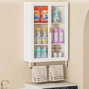 Imagem de Armário de parede de banheiro com porta de vidro e toalheiro, armazenamento sobre o banheiro, armário de banheiro suspenso para sala de estar e cozinha, elegante e funcional (cor: )