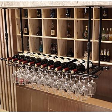 Imagem de Suporte de copo de vinho pendurado para teto rack de vinho preto prateleira de armazenamento de garrafa de vinho ferro forjado, para bar restaurante cozinha (cor: preto, tamanho: 100 × 30 cm)