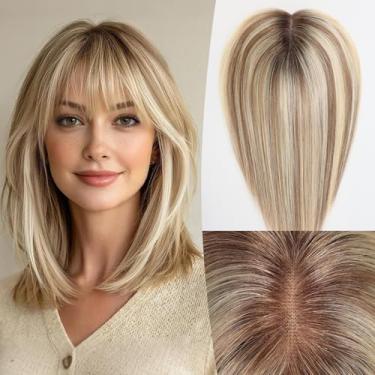 Imagem de EMMOR Topper de cabelo humano de 35,5 cm para mulheres - 12,7 cm × 15,2 cm base de renda suíça com 3 clipes antiderrapantes, 100% de cabelo real para queda de cabelo e franja lisa com aparência