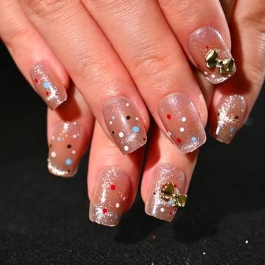 Imagem de Sethexy Short de unha de pressão de caixão – olho de gato, laço dourado, design de bolinhas, unhas postiças de acrílico para mulheres, 15 tamanhos – 30 peças, kit de unhas de gel macio com cola