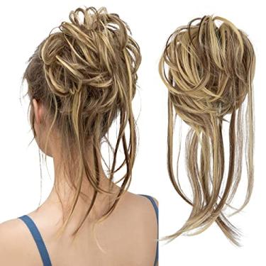 Imagem de CJL HAIR Extensões de coque bagunçado de cabelo cacheado com cauda reta cabelo sintético scrunchies rabo de cavalo para mulheres morena/loira manteiga