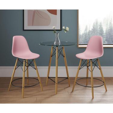 Imagem de Mesa Bistrô Eames Eiffel Vidro Com 2 Banquetas Rosas De Madeira