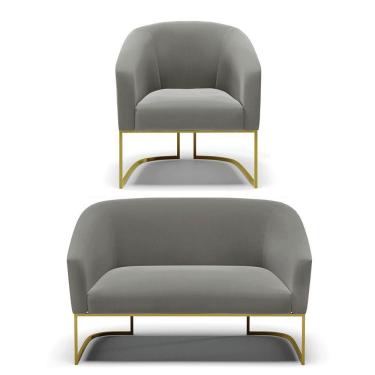 Imagem de Namoradeira E Poltrona Base Industrial Dourado Stella Suede D03 - D'rossi Cor Grafite