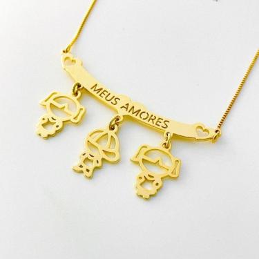 Imagem de Colar Filhos Meus Amores Banhados A Ouro 18k - Duas Meninas E Um Menino