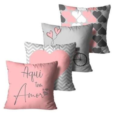 Imagem de Kit 4 Capas de Almofadas Aqui Mora Amor Rosa e Cinza 45x45 - Mdecore
