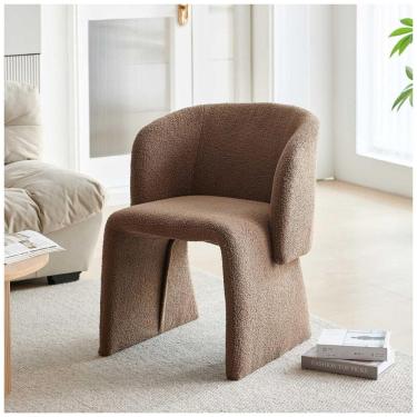 Imagem de Cadeira de jantar moderna Homedot estofada em veludo teddy marrom, estrutura metálica, poltrona barrel individual