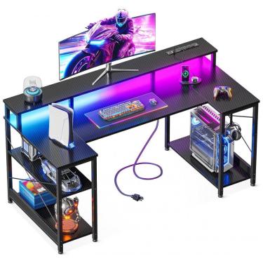 Imagem de Mesa Gamer em U ODK 122 cm com Luzes LED e Tomadas Elétricas, Suporte para Monitor e Prateleiras de Armazenamento, Acabamento Fibra de
