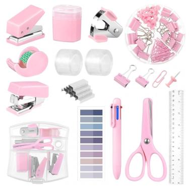 Imagem de Kit mini escritório auroray rosa com grampeador, furador, dispenser de fita, clips e bl...