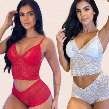 Imagem de Kit 2 Conjuntos Cropped Calcinha Caleçon de Renda Sem Bojo Sem Aro - L