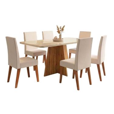 Imagem de Conjunto Sala de Jantar Mesa 1,60m com vidro Anjos 6 Cadeiras Veludo Milano Viero