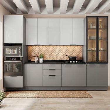 Imagem de Cozinha Telasul Lumina 6 Peças com Paneleiro para Forno e Micro com Vidro Fumê e Iluminação Cinza