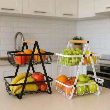 Imagem de Fruteira Cesto Alça Madeira Rack Prateleira Cozinha Organizador Frutas