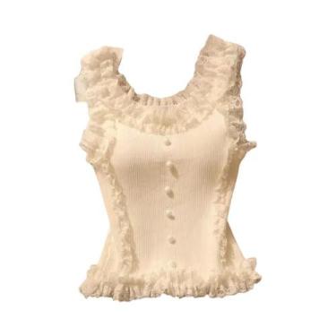 Imagem de Top Cropped Feminino Com Patchwork De Renda Branca, Decote Em U, Malha