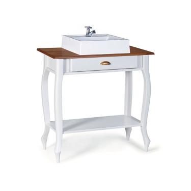Imagem de Bancada Aparador Mini Lavabo com Cuba 1 Gaveta Pés Luiz XV Dália 3062 - Branco/Imbuia Glazer