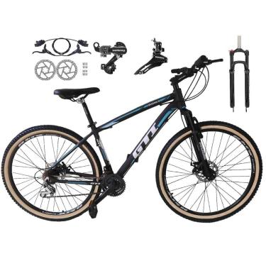 Imagem de Bicicleta Aro 29 Gti Roma 24v K7 Câmbios Shimano Freio Hidráulico Garfo com Trava com Pneu Faixa Bege - Preto\Azul