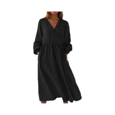 Imagem de Vestido Solto De Algodão E Linho Com Decote Em V E Manga Longa, Cintur