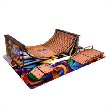 Imagem de Pista de Skate de Dedo em MDF Adesivado Grafite para Manobras com 3 Rampas e Corrimão Azul OEM