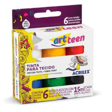 Imagem de Tinta para Tecido 15ml 6 Cores à Base de Resina Acrílica 9x8x3cm Acrilex