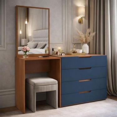 Imagem de Cômoda Madrid 4 Gavetas com Espelho Azul/Freijó - Politorno, Azul