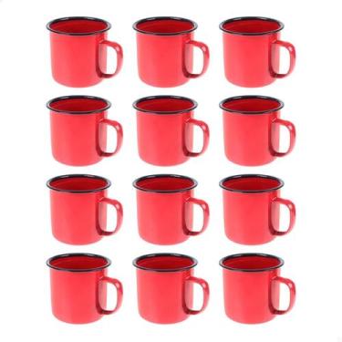 Imagem de Kit Jogo 12 Caneca Esmaltada 350ml Grande Chá Café Vermelha Cozinha Me