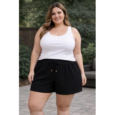 Imagem de Short Feminino Plus Size Malha Canelado Elástico Na Cintura Alta Saída